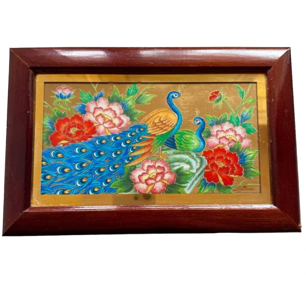 Renaissance jewelry Music Box Wood LEFTON China Peacock Floral Vintage 1987